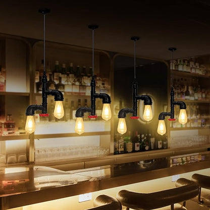 Kawell Vintage Pendant Light Fixtures Industrial Retro Ceiling Chandelier Creative Water Pipe Hanging Light Fixtures Art Deco Iron E26 60W Max for Bedroom Cafe Bar Restaurant Kitchen, Black Color
