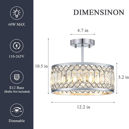 Pevfah Crystal Chrome Ceiling Light, Modern Semi Flush Mount Ceiling Lighting Fixture, Round Hallway Lighting Fixtures Chandelier for Kitchen Entryway Bedroom Dining Room, 3-Light, 12.2 Inch