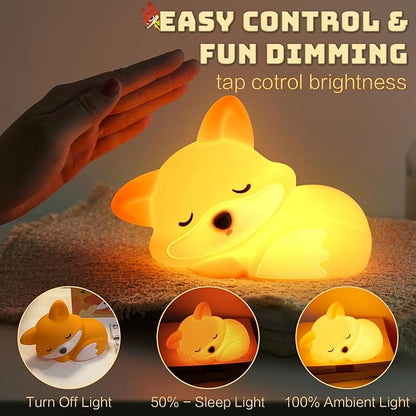 YR YRHH-PET Cute Fox Lamp, Silicone Rechargeable Dimmable Night Light for Kids, Baby Nursery Nightlight, Woodland Animal Decor, White Elephant Gifts, Touch Light Up, Safe BPA-Free, Orange