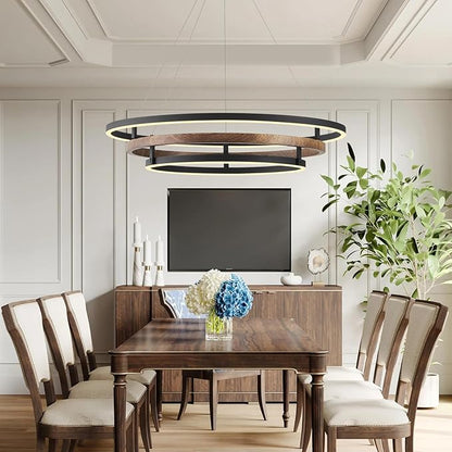 3 Ring LED Chandelier Walnut Wood Black Chandelier Light Fixture 31in Dimmable Modern Entry Chandeliers Wood-Printed Circular Light for Foyer Dining Room Bedroom Office Living Room