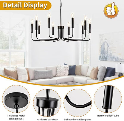 Farmhouse Candle Chandelier, 10 Light Rustic Black Ceiling Pendant Light Fixture, L-Arm Design Industrial Dining Room Hanging Lighting for Living Room, Entryway, Foyer, Kitchen Island