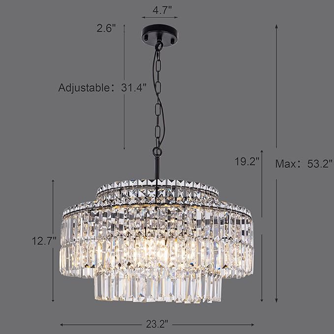 TOCHIC Black Modern Crystal Chandelier,2-Tier Round Height Adjustable Ceiling Light Fixture for Dining Room Living Room Bedroom Kitchen Foyer
