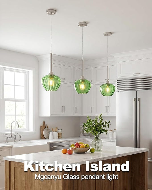 Green Pendant Lights Kitchen Island, 7" Vintage Glass Pendant Lighting with Brushed Nickel Adjustable Hanging Light Fixtures for Kitchen, Dining Room, Sink, Bathroom