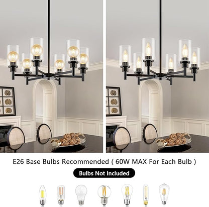 Modern Black Chandeliers for Dining Room, 6-Light Chandelier Light Fixture with Clear Glass Shades, Metal Hanging Pendant Lighting for Living Room, Kitchen, Staircase, Entryway