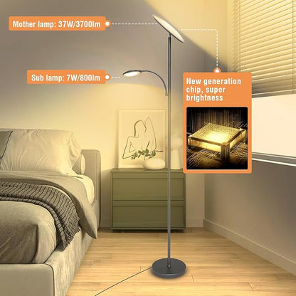 marctronic Gray Floor Lamps for Living Room, 44W/4500LM Super Bright 2 in 1 LED Floor Lamp with Remote, Stepless Dimmable, 69" Tall Standing Floor Lamp with Bendable Reading Light for Bedroom Office