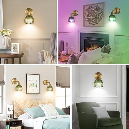 Vintage Wall Sconce Set of Two, Battery Operated Wall Sconce with Deep Green Tulip Glass Lampshade Rechargeable Wall Light with Remote Control for Bedroom,Living Room, Hallway, Aisle