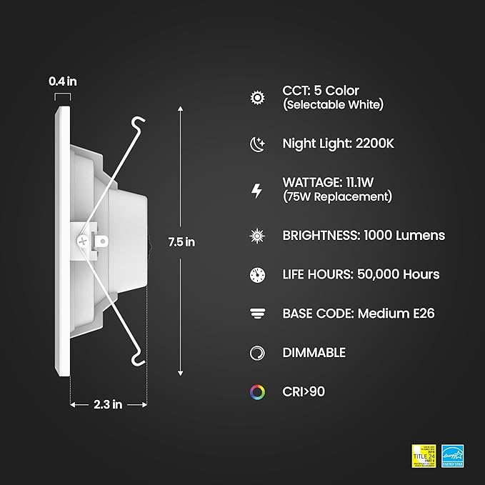 Feit Electric 5-6" LED Recessed Downlight with Night Light Mode, 75W Equivalent, Dimmable, 5CCT Selectable White, 90 CRI, 1000 Lumens, 45-Year Lifetime, LEDR56/NL/5CCTCA/RP