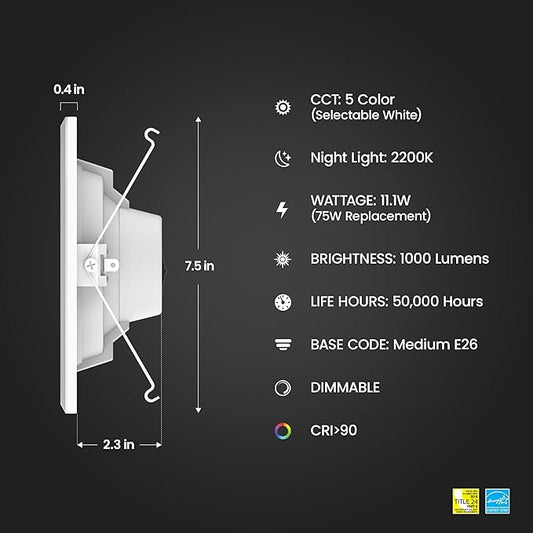 Feit Electric 5-6" LED Recessed Downlight with Night Light Mode, 75W Equivalent, Dimmable, 5CCT Selectable White, 90 CRI, 1000 Lumens, 45-Year Lifetime, LEDR56/NL/5CCTCA/RP
