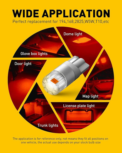 AUXITO Red 194 LED Light Bulbs, Super Bright 1:1 Size, License Plate Light 168 2825 W5W T10 Error Free Car Bulbs for Dome Map Door Courtesy Side Marker Cornering Trunk Light (Pack of 2)