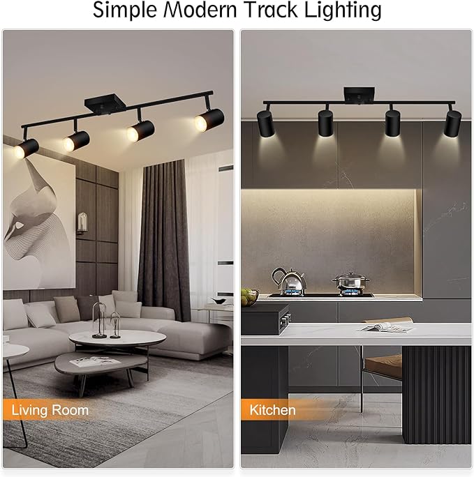 AUQUEE 4 Light Track Lighting Fixtures Ceiling, Matte Black Track Lights Ceiling with Flexibly Rotatable Light Heads, Modern LED Track Light kit for Kitchen/Hallway, GU10 Bulb Not Included