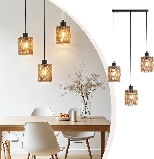 FIRVRE 3 Light Pendant Lighting, Farmhouse Boho Hanging Light Fixture for Kitchen Island & Dining Room, Industrial Vintage Ceiling Lamp with E26 Base, Adjustable Height, Rattan Pendant Light