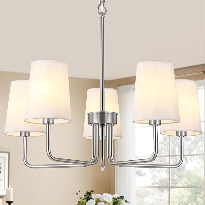 Modern Brushed Nickel 5-Light Chandelier, Farmhouse Industrial Dining Room Light Fixture Over Table with White Fabric Shade, Hanging Pendant Lighting for Kitchen Island Bedroom Living Room Entryway