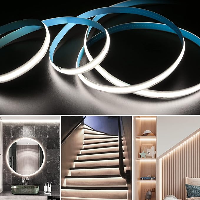 Battery Powered COB Led Strip Lights, 4.92Ft Battery Operated 6000K Cool White LED Strip Light, High Brightness Flexible LED Tape Lights for TV, Cabinet, Bedroom, Party, Home DIY Decoration