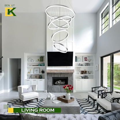 Benkut 5-Rings Modern LED Chandelier Silver High Ceiling Chandelier with Remote Control Dimmable Pendant Lighting for Dining Room Foyer Living Room Entryway Staircase(3000K-6500K, D23.6in)