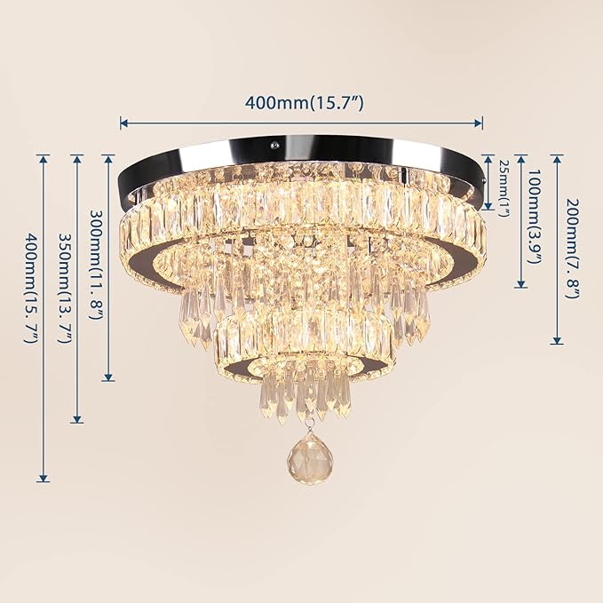 Finktonglan 15.7" Crystal Semi Flush Mount Ceiling Light, 2-Ring LED Crystal Chandelier, Warm White 3000K, Non-Dimmable, Built-in LED for Bedroom Hallway Entryway Dining Room