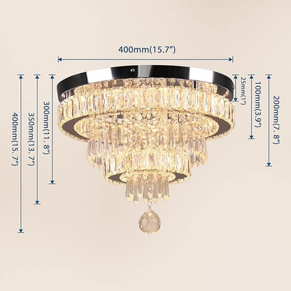 Finktonglan 15.7" Crystal Semi Flush Mount Ceiling Light, 2-Ring LED Crystal Chandelier, Warm White 3000K, Non-Dimmable, Built-in LED for Bedroom Hallway Entryway Dining Room