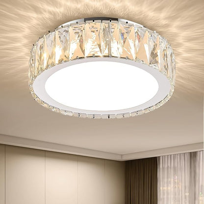 Modern 11 Inch Luxury Crystal Ceiling Light Fixture,Dimmable 3000K-6500K Adjustable LED Lighting Fixtures,Chrome 24W Round Small Chandelier for Kitchen,Bedroom,Laundry Room, Hallway