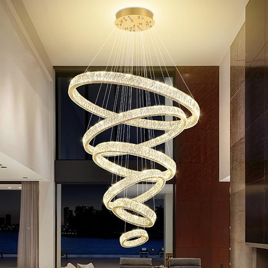 Extra Large Ring Chandelier Modern LED Gold 6 Ring Chandelier for High Ceiling Long Stair Crystal Chandeliers D8+15.7"+23.6"+31.5"+39.4"+47.5"