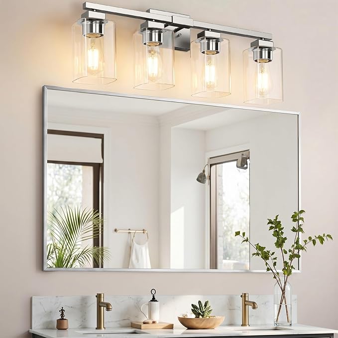 BesLowe 27" 4-Light Bathroom Light Fixture, Modern Brushed Nickel Bathroom Vanity Light, Bathroom Lighting Fixtures Over Mirror, Matte Nickel Bathrom Wall Lamp, Wall Lights for Living Room Bedroom