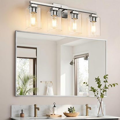 BesLowe 27" 4-Light Bathroom Light Fixture, Modern Brushed Nickel Bathroom Vanity Light, Bathroom Lighting Fixtures Over Mirror, Matte Nickel Bathrom Wall Lamp, Wall Lights for Living Room Bedroom