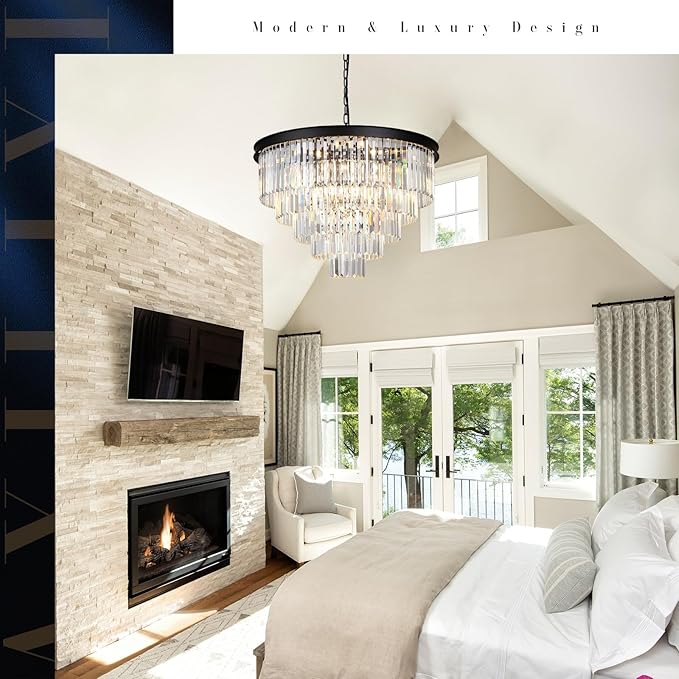A AXILIXI Large Crystal Chandelier Modern Black 30" Round Chandeliers for Staircase K9 5-Tier Large Ceiling Pendant Light Fixtures Luxury Chandelier for High Ceiling Foyer Living Room Bedroom