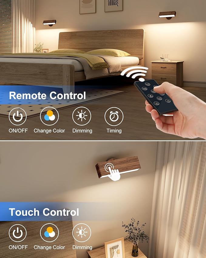 YiLaie Rechargeable Wall Lights for Bedroom,Battery Operated Wall Sconce with Remote Control, Wireless Wall Mount Lamp with 3 Color Temperature for Bedroom,Wood Wall Lights Dimmable,Bedside Reading