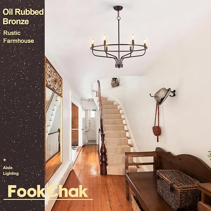 6-Light Farmhouse Oil Rubbed Bronze Chandelier Dining Room Light Fixture Metal Candle Chandeliers for Bedroom Hanging Lighting for Kitchen Living Room Entryway Foyer, 28.54in