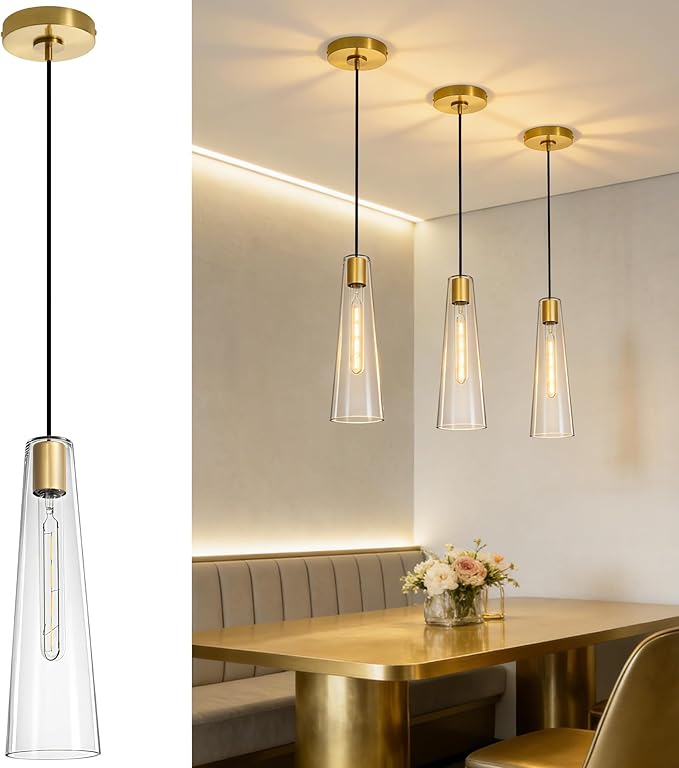 Modern Glass Pendant Lights Kitchen Island, Dimmable Gold Pendant Light Fixtures 1 Pack, Adjustable Farmhouse Hanging Light Fixture with Clear Glass Shades for Hallway Dining Room