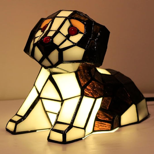 Small Tiffany Lamp Stained Glass Animal Table Lamp Mini Accent Desk Light (Brown White Dog)