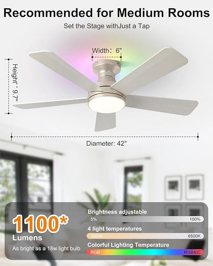 42 Inch Ceiling Fans with Lights, Smart Ceiling Fan with Alexa Google App, Gold Ceiling Fan with RGB Lights Remote, 6 Speeds Reversible DC Motor, Modern Flush Mount for Bedroom Living Room