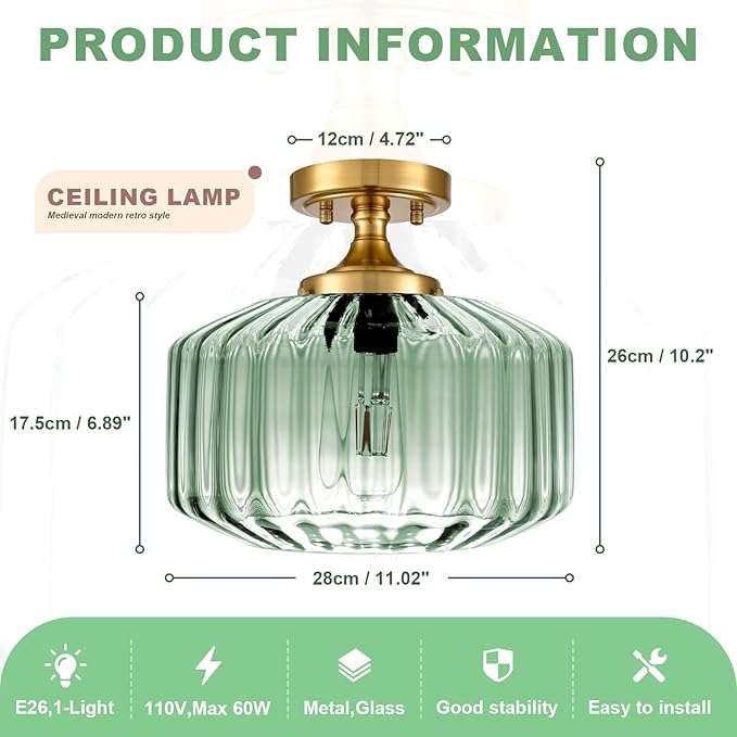 Mint Green Mid Century Modern Close-to-Ceiling Light 11.02" Vintage Flush Mount Light Fixture with Thickened Glass for Hallway, Kitchen, Corridor, Entryway Lighting