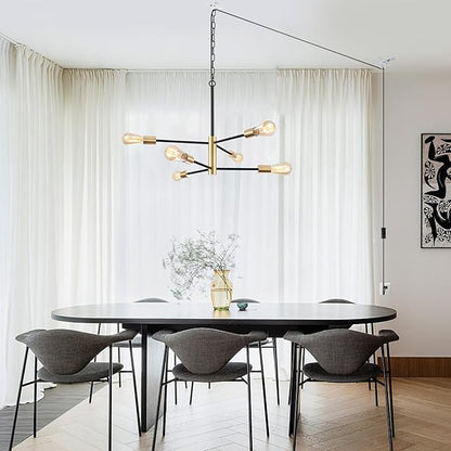 Plug in Chandelier Lighting with Long Cord, 6 Lights Modern Hanging Lights with Plug in Cord 15.09ft&On/Off Switch, Hanging Lamp Plug in Pendant Light Fixture for Dining Room Bedroom Kitchen