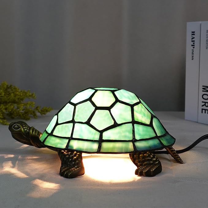 A0019 Tiffany Style Turtle Table Lamp, Handmade Stained Glass Tortoise Animal Night Light, Vintage Accent Desk Lamp for Bedroom Bedside Living Room Home Decor, LED Bulb Included (Green)