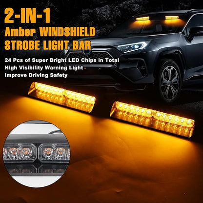Amber LED Warning Dash Windshield Strobe Lights, 26 Modes 12/24V 2 x 8.4” Emergency Traffic Advisor 2 x 8.4 Inch Car Front/Rear Dash Windshield Strobe for Trucks Vehicles Snow Plow