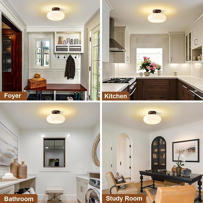 WOKNOS Mid-Century Modern Semi Flush Mount Ceiling Light, Faux Walnut Wood Kitchen Light Fixtures with Glass Shade, Vintage White Close to Ceiling Lamp for Entryway Hallway Bathroom (11.0 Inch)