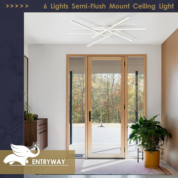 Modern LED Chandelier with Remote Control 6-Lights White Semi-Flush Mount Ceiling Lighting Fixture for Living Room, Bedroom, Dining Room 60W