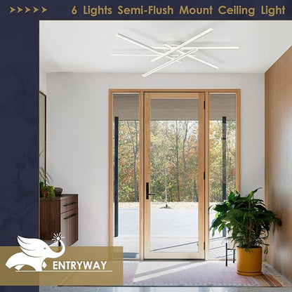 Modern LED Chandelier with Remote Control 6-Lights White Semi-Flush Mount Ceiling Lighting Fixture for Living Room, Bedroom, Dining Room 60W