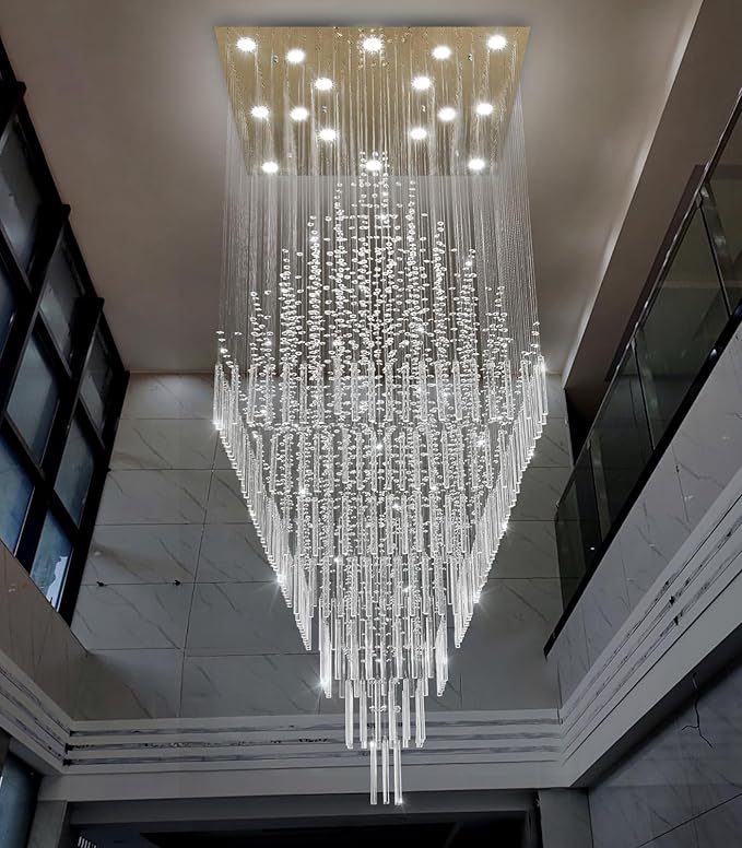 HAIXIANG W40 x H120 Glam Chandelier with LED Bulbs Square Chandeliers, Crystal Raindrop High Ceiling Pendant Light for Entrance Large Villa Foyer Lighting Fixtures Gold