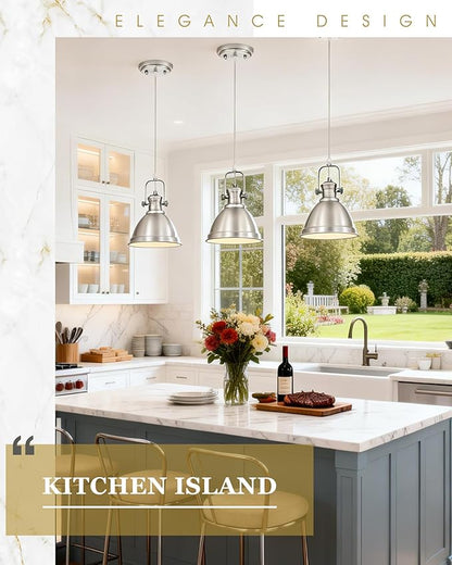Pendant Lights Kitchen Island, 8" Farmhouse Hanging Lights Fixtures with Metal Shade, Rustic Kitchen Pendant Lighting Over Island for Dining Room, Brushed Nickel, AD-2151-1PM-SN