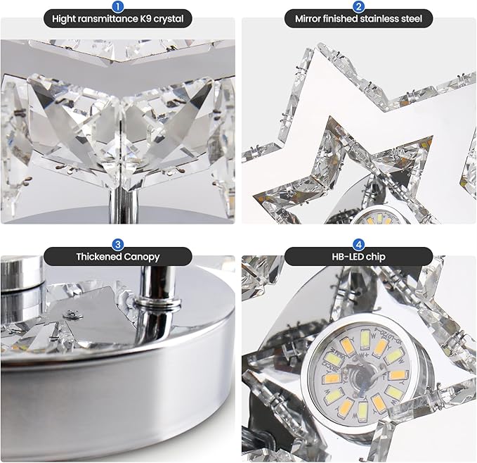 Mini LED Crystal Chandelier - Modern Dimmable Flush Mount Ceiling Light Fixture with Remote - Small Star Chandelier for Hallway, Foyer, Kitchen, Stair, Closet - 3 Colors Adjustable