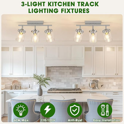 FadimiKoo 3-Lights Kitchen Light Fixtures Ceiling Mount, Brushed Nickel Adjustable Semi Flush Mount Ceiling Light with Clear Glass, Multi-Directional Track Spotlights for Kitchen Hallway Bathroom
