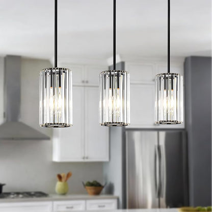 3 Pack Black Modern Crystal Pendant Lights, Hanging Light Fixtures Mini Kitchen Island Pendant Lights Adjustable Crystal Chandelier Fixture for Island Dining Room Hallway Bedroom