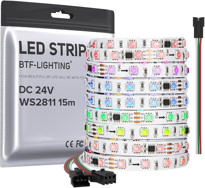 BTF-LIGHTING WS2811 DC24V 48FT Addressable RGB LED Strip 900LEDs 150Pixels Dream Color White PCB IP30 Non-Waterproof Works with Arduino/Respberry/etc Prevent Voltage Droping(No Adapter or Controller)