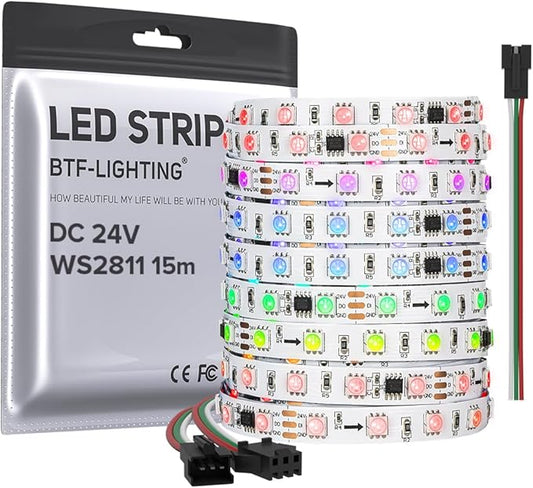 BTF-LIGHTING WS2811 DC24V 48FT Addressable RGB LED Strip 900LEDs 150Pixels Dream Color White PCB IP30 Non-Waterproof Works with Arduino/Respberry/etc Prevent Voltage Droping(No Adapter or Controller)