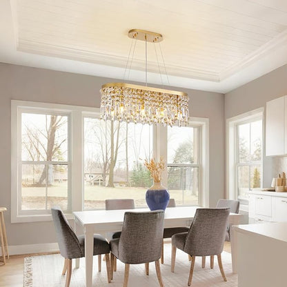 Siljoy Modern Crystal Chandelier for Dining Room, 8-Light Rectangular Gold K9 Crystal Raindrop Pendant Ceiling Light Fixture for Living Room Kitchen Island Bar L31.5'' x W11'' x H11''