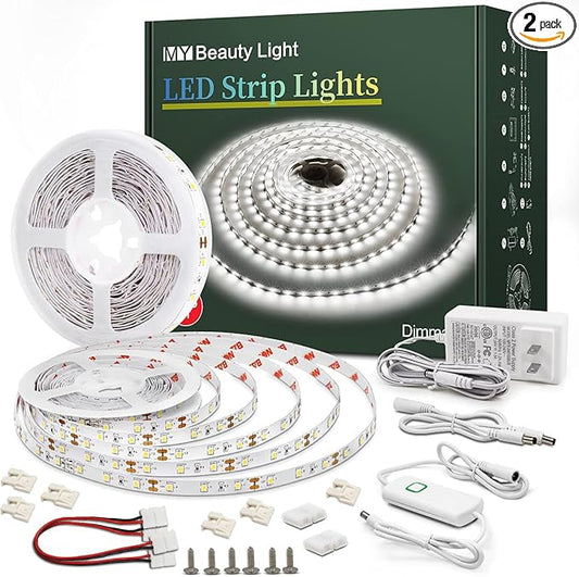 Led Strip Lights 50.5ft White Dimmable Led Light Strip Flexible Rope Lights Kits with 24v Etl Power Supply, Adhesive Clips, Dimmer Switch and Connectors for Indoor Decor