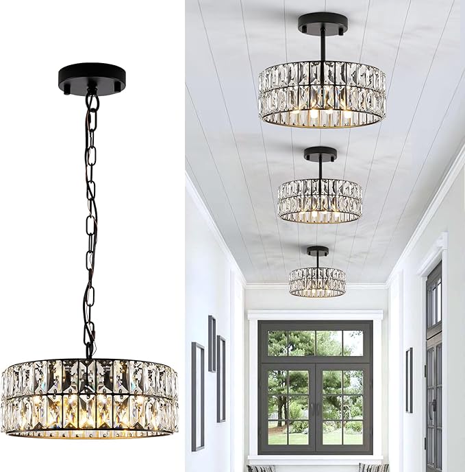 Crystal Pendant Light 4-Light Modern Black Chandelier Small 12” Crystal Semi Flush Mount Ceiling Light Round for Kitchen Island Foyer Hallway