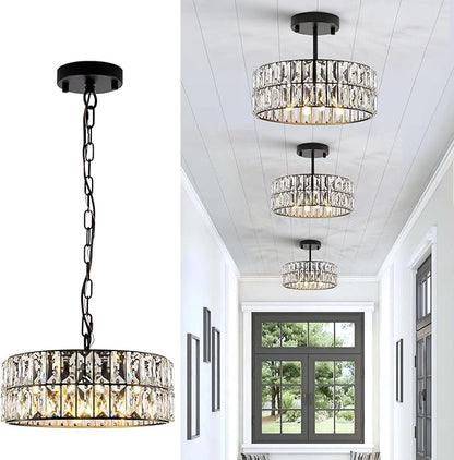 Crystal Pendant Light 4-Light Modern Black Chandelier Small 12” Crystal Semi Flush Mount Ceiling Light Round for Kitchen Island Foyer Hallway