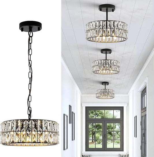 Crystal Pendant Light 4-Light Modern Black Chandelier Small 12” Crystal Semi Flush Mount Ceiling Light Round for Kitchen Island Foyer Hallway