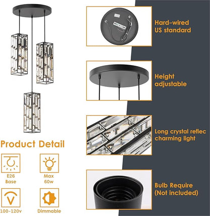 3-Light Black Pendant Lights Modern Pendant Light Fixture, Mini Crystal Pendant Ceiling Light, Pendant Light for Kitchen Island, Dinning Room, Bedroom, Kitchen Sink Lighting (3 Lights)